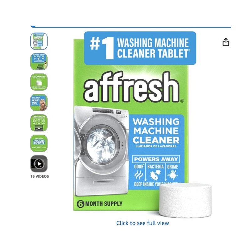 Affresh Washing Machine Cleaner — tablet box next to a washing machine, shown at scale