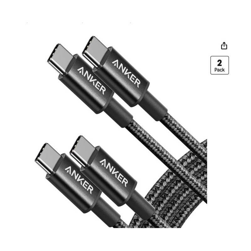 Anker USB-C to USB-C Cable — braided charging cables coiled, shown at scale