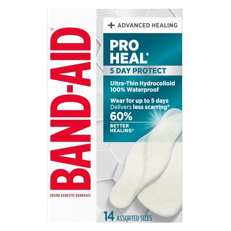 BAND-AID Pro Heal Hydrocolloid Bandages — bandage box with strips shown, at scale