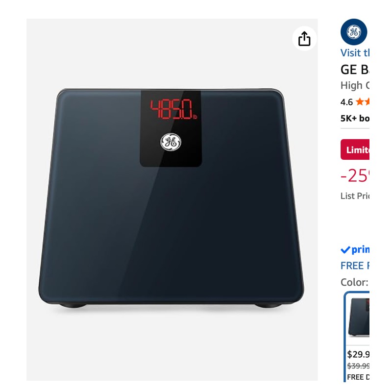 GE Digital Bathroom Scale — digital scale on a bathroom floor, shown at scale