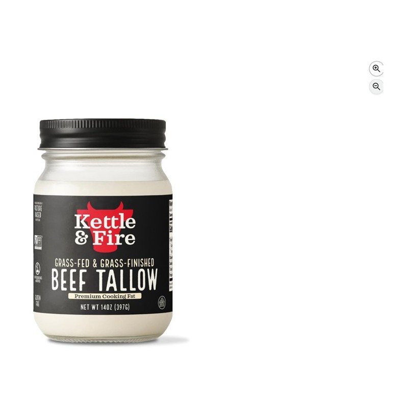 Kettle & Fire Beef Tallow — glass jar of beef tallow on a counter, shown at scale