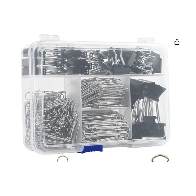 Binder Clips & Jumbo Paper Clips Set — clip storage container on a desk, shown at scale