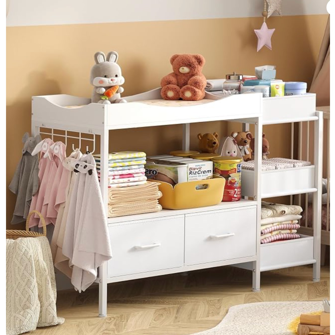 Baby Changing Table with Storage — changing table with storage bins, shown at scale