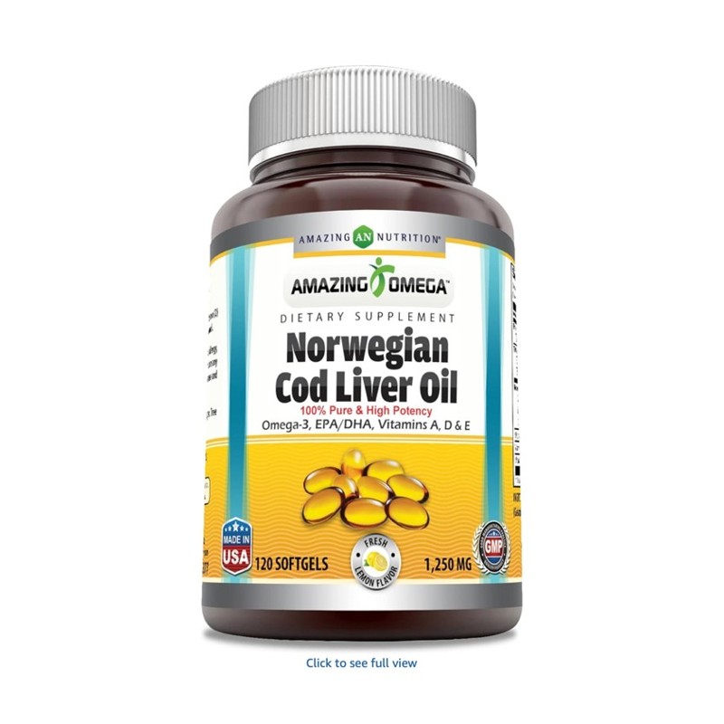 Amazing Omega Cod Liver Oil — supplement bottle on a counter, shown at scale