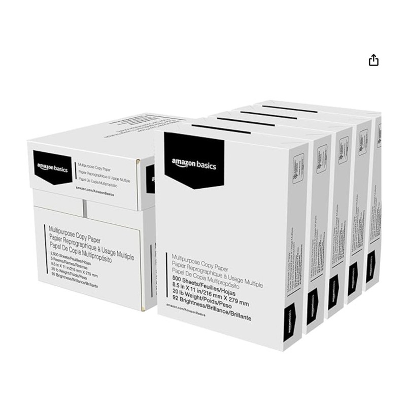 Amazon Basics Copy Paper — paper ream case near a printer, shown at scale