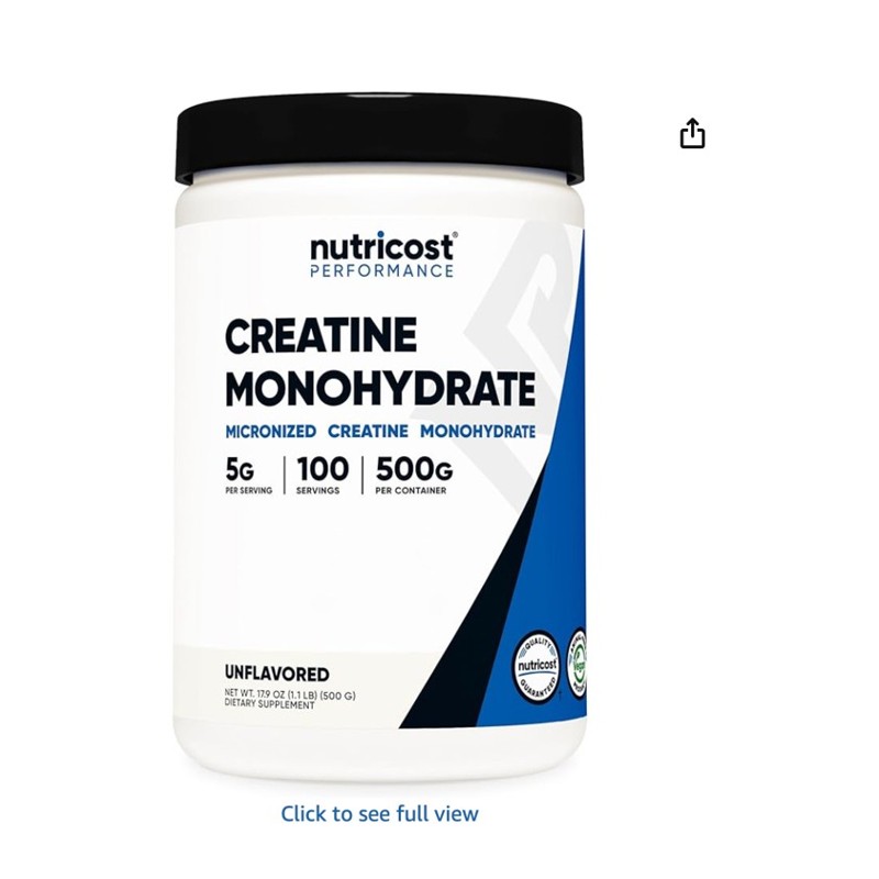 Nutricost Creatine Monohydrate — creatine powder tub on a counter, shown at scale