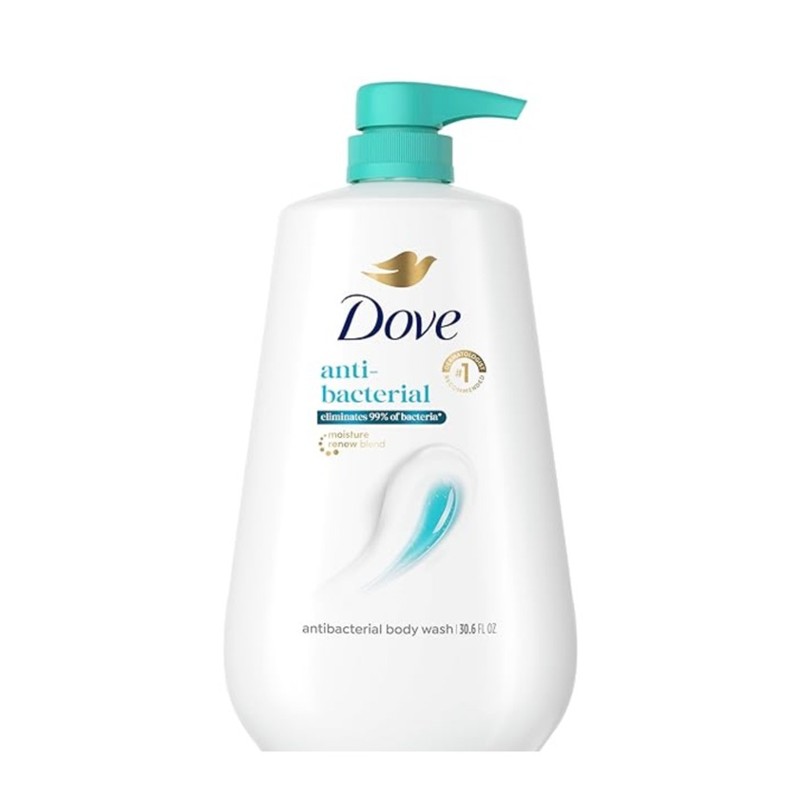 Dove Antibacterial Body Wash — pump bottle on a bathroom shelf, shown at scale