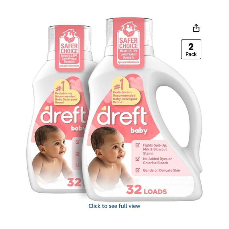 Dreft Baby Liquid Laundry Detergent — detergent jugs by a washing machine, shown at scale