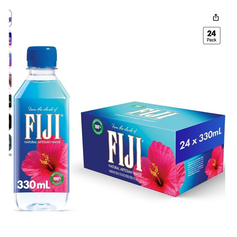 FIJI Natural Artesian Water — water bottles in a case, shown at scale