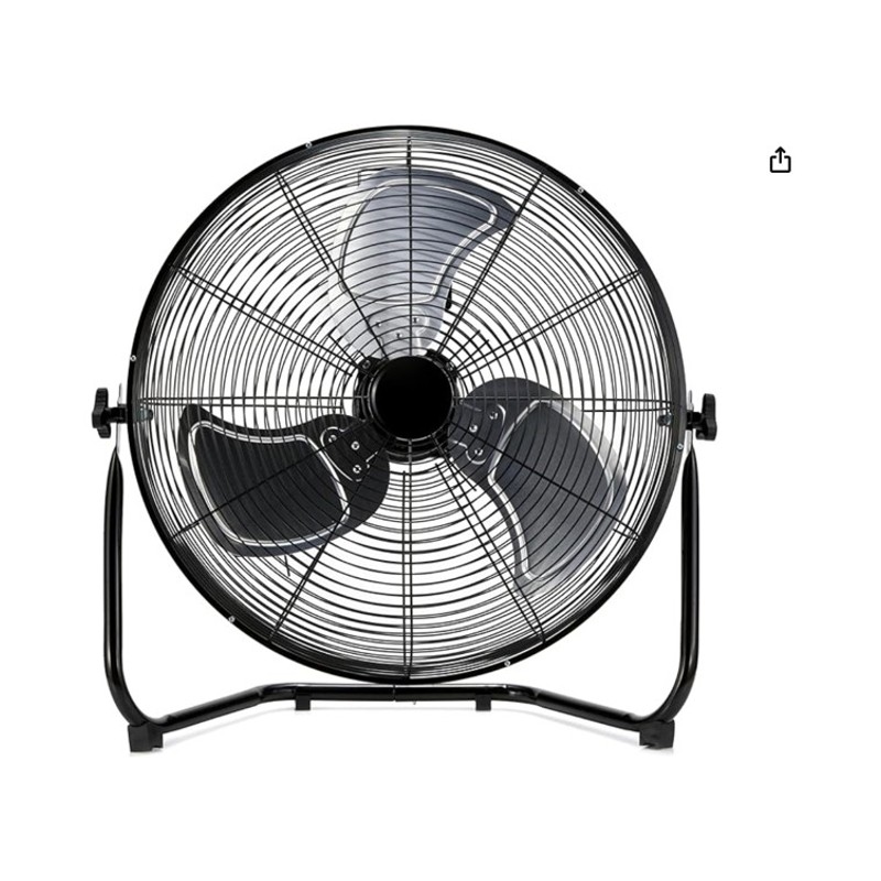 Amazon Basics 20-Inch Floor Fan — industrial floor fan in a garage, shown at scale