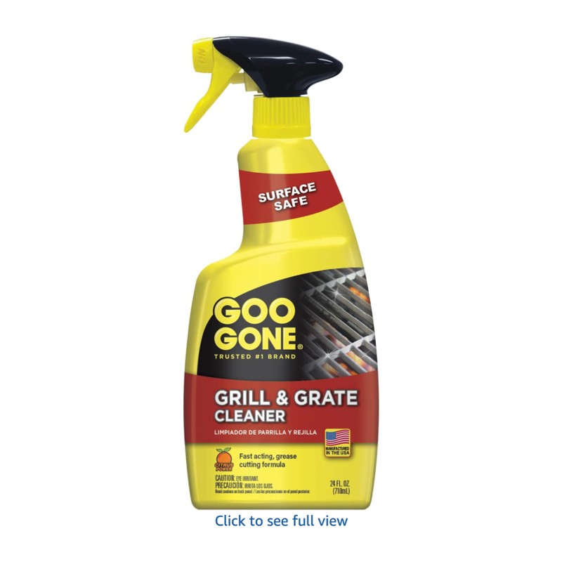 Goo Gone Grill and Grate Cleaner — grill cleaner spray bottle by a grill, shown at scale