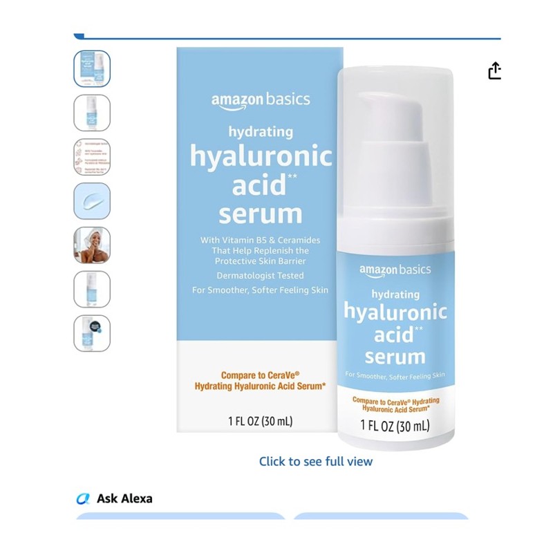 Amazon Basics Hyaluronic Acid Serum — serum bottle on a bathroom counter, shown at scale