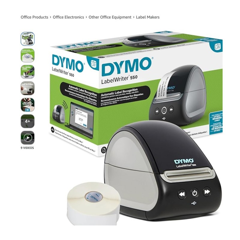DYMO LabelWriter 550 — label printer on a desk with printed labels, shown at scale