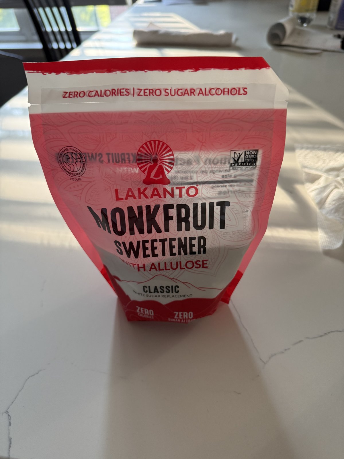 Lakanto Monk Fruit Sweetener — sweetener bag on a pantry shelf, shown at scale