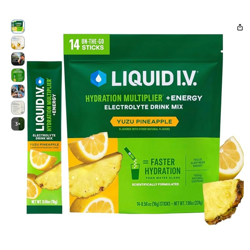 Liquid I.V. Hydration + Energy — electrolyte drink mix packets, shown at scale