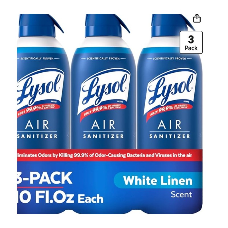 Lysol Air Sanitizer Spray — spray can on a counter, White Linen scent shown