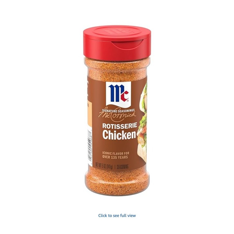 McCormick Rotisserie Chicken Seasoning — seasoning bottle next to chicken on a cutting board, shown at scale