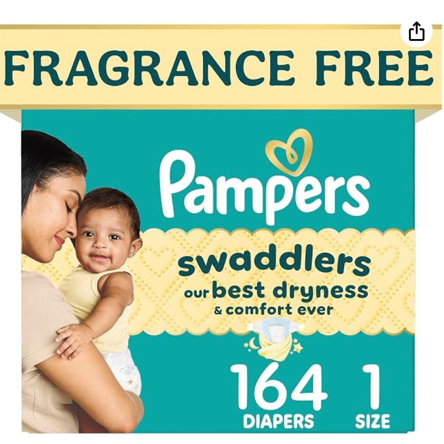 Pampers Swaddlers Diapers — diaper box on a nursery shelf, shown at scale