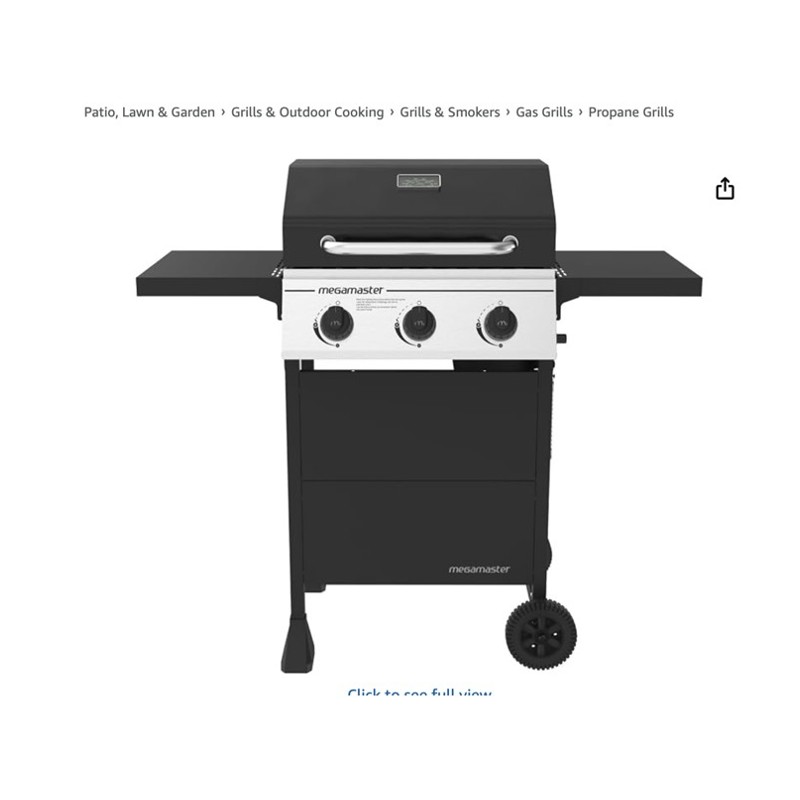 Megamaster 3-Burner Gas Grill — gas grill on a patio, shown at scale