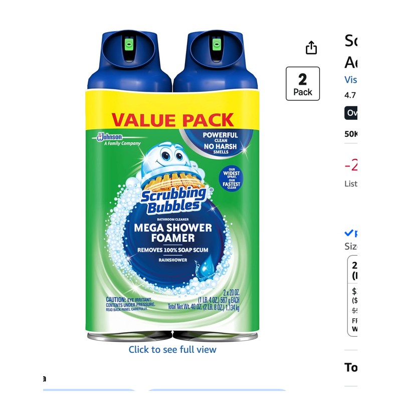 Scrubbing Bubbles Mega Shower Foamer — aerosol cleaner bottles by a shower, shown at scale