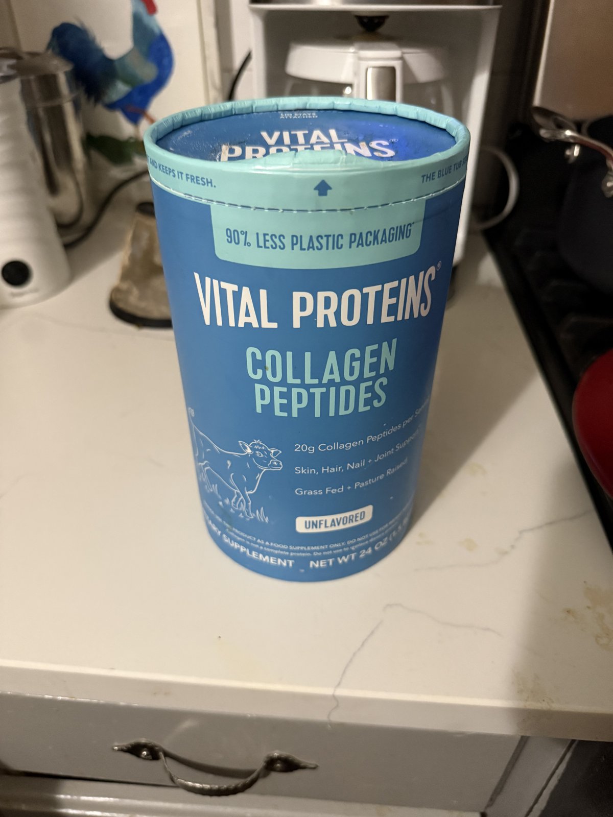 Vital Proteins Collagen Peptides — collagen powder canister on a counter, shown at scale