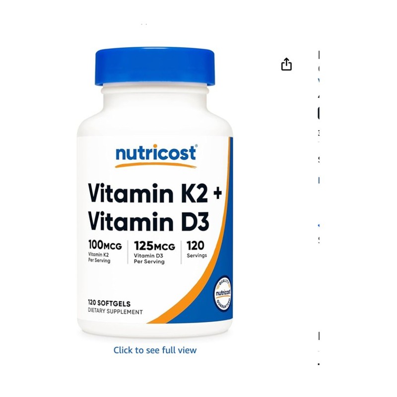 Nutricost Vitamin D3 + K2 — supplement bottle on a counter, shown at scale