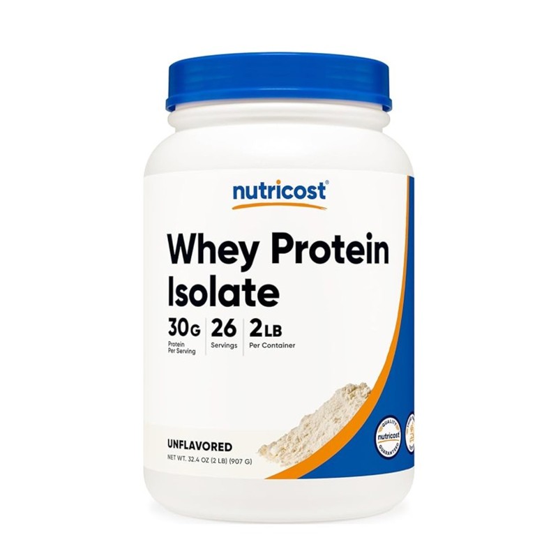 Nutricost Whey Protein Isolate — protein powder tub on a counter, shown at scale